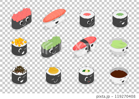 3D Isometric Flat  Set of Various Sushi, Rolls and Nigiri Funny Characters, Japanese Traditional Cuisine 119270408
