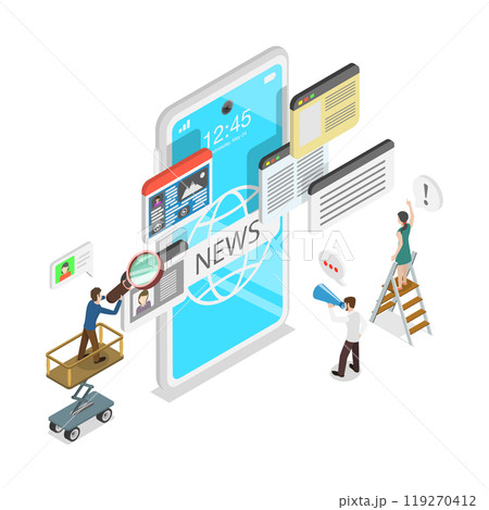 3D Isometric Flat  Illustration of Online News Mobile App, Internet Press or Web Articles 119270412