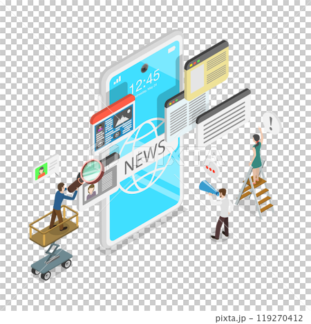 3D Isometric Flat  Illustration of Online News Mobile App, Internet Press or Web Articles 119270412