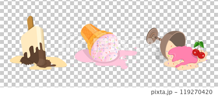 3D Isometric Flat Illustration of Set of Fallen Ice Creams, Milk Dessert Lying on Floor 3D Isometric Flat Illustration of Set of Fallen Ice Creams, Milk Dessert Lying on Floor 119270420