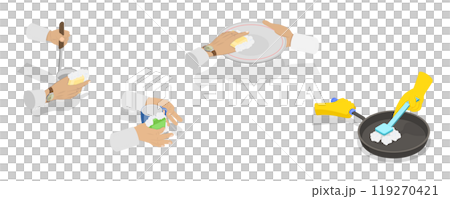 3D Isometric Flat  Illustration of Hands Washing Dishes, Dishwashing Process 119270421