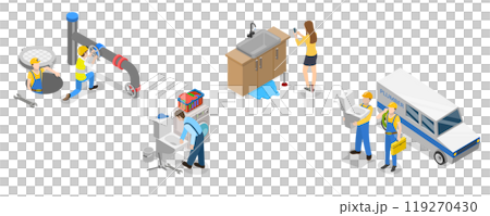3D Isometric Flat  Illustration of Plumbers, Pipeline Repair, Clogged Toilet, Sewer Cleaning 119270430