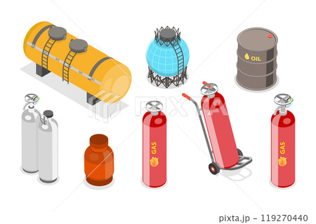 3D Isometric Flat Illustration of Gas Cylindrical Containers, Metal Tanks with Industrial Liquefied Oxygen 3D Isometric Flat Illustration of Gas Cylindrical Containers, Metal Tanks with Industrial Liquefied Oxygen 119270440