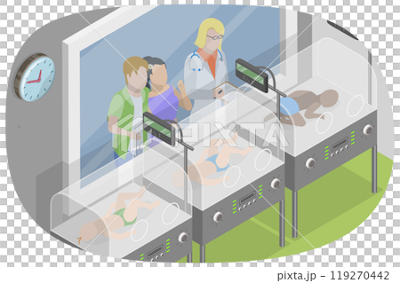 3D Isometric Flat  Illustration of Preterm Baby Incubators, Nurses Take Care about New Borns 119270442