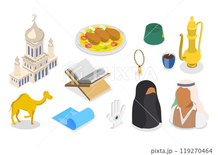3D Isometric Flat  Set of Islamic Religion Items, Traditional Attributes of Arab Culture 3D Isometric Flat  Set of Islamic Religion Items, Traditional Attributes of Arab Culture 119270464