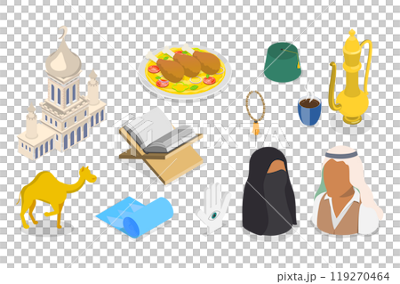 3D Isometric Flat  Set of Islamic Religion Items, Traditional Attributes of Arab Culture 3D Isometric Flat  Set of Islamic Religion Items, Traditional Attributes of Arab Culture 119270464