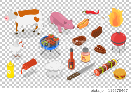 3D Isometric Flat  Set of Barbecue Objects, Grill or Picnic Attributes 3D Isometric Flat  Set of Barbecue Objects, Grill or Picnic Attributes 119270467