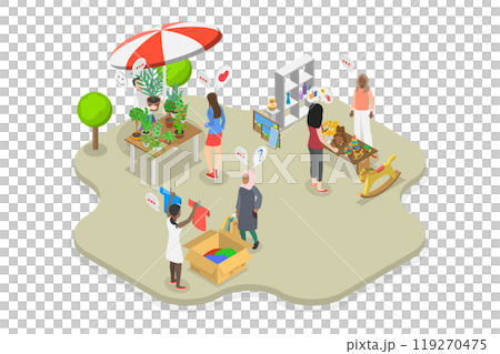 3D Isometric Flat  Illustration of Flea Market, Garage Sale in a Park 119270475