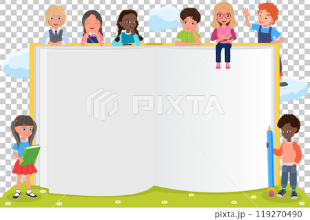 Flat  Illustration of Brochure With Kids, Happy Smiling Children Holding Open Books 119270490