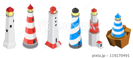 3D Isometric Flat Set of Lighthouses, Searchlight Guide, Marine Navigation Beacons 3D Isometric Flat Set of Lighthouses, Searchlight Guide, Marine Navigation Beacons 119270491