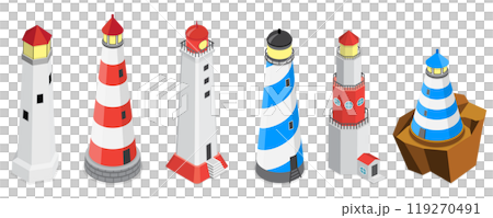 3D Isometric Flat Set of Lighthouses, Searchlight Guide, Marine Navigation Beacons 3D Isometric Flat Set of Lighthouses, Searchlight Guide, Marine Navigation Beacons 119270491