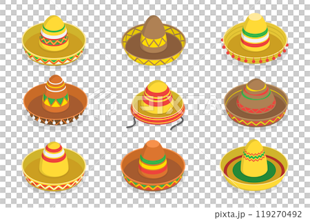 3D Isometric Flat  Set of Mexican Hats, Traditional Costume Elements 119270492