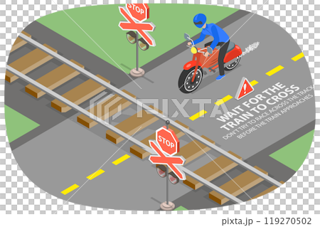 3D Isometric Flat  Illustration of Crossing Railways, Safe Riding Rules 119270502