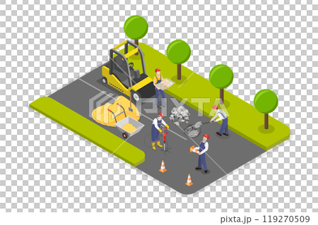 3D Isometric Flat  Illustration of Road Construction, Roadworks in a City 119270509