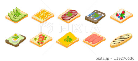 3D Isometric Flat  Illustration of Tasty Breakfast, Healthy Toasts Set 119270536