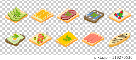 3D Isometric Flat  Illustration of Tasty Breakfast, Healthy Toasts Set 119270536