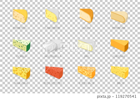 3D Isometric Flat  Set of Different Cheese Types, Brie, Mozzarella, Parmesan, Camembert etc. 119270541