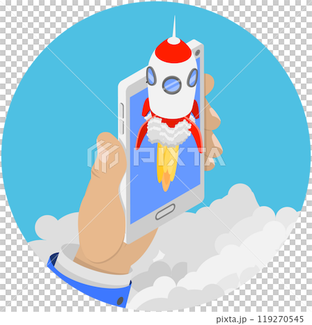 3D Isometric Flat  Illustration of Idea Of Successful Business, Rocket Launches From the Phone Screen 119270545