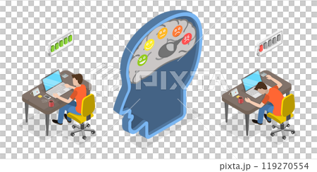 3D Isometric Flat Illustration of Work Burnout vs Increased Productivity, Productive and Tired Employee Comparison 3D Isometric Flat Illustration of Work Burnout vs Increased Productivity, Productive and Tired Employee Comparison 119270554