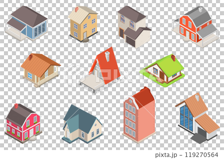 3D Isometric Flat Set of Village Buildings, Various Small and Big Houses 3D Isometric Flat Set of Village Buildings, Various Small and Big Houses 119270564