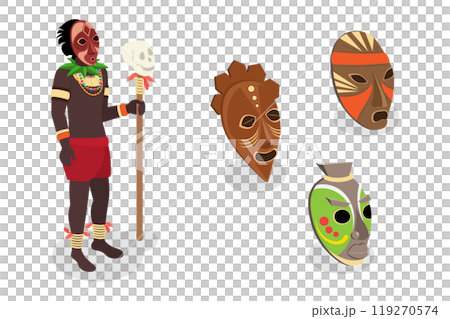 3D Isometric Flat Illustration of African Shaman, Indigenous Tribe Member 3D Isometric Flat Illustration of African Shaman, Indigenous Tribe Member 119270574