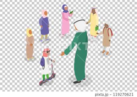 3D Isometric Flat  Illustration of Muslim Schoolchildren , School Teacher and Students 119270621
