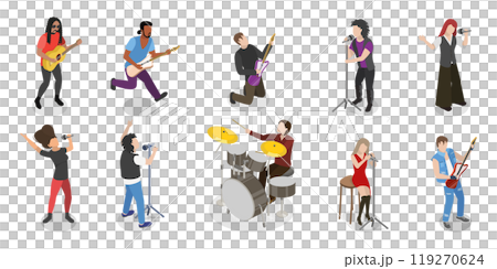 3D Isometric Flat  Illustration of Rock Musicians, Young Artists Playing Music Instruments 3D Isometric Flat  Illustration of Rock Musicians, Young Artists Playing Music Instruments 119270624