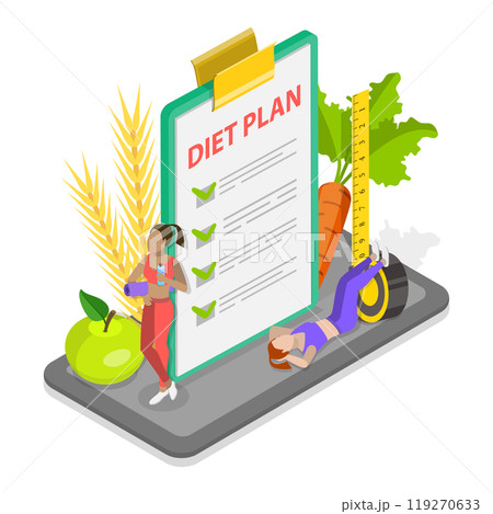 3D Isometric Flat  Illustration of Diet Plan Checklist, Calorie Control, Individual Dietary 119270633