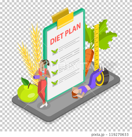 3D Isometric Flat  Illustration of Diet Plan Checklist, Calorie Control, Individual Dietary 119270633