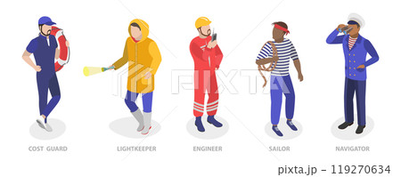 3D Isometric Flat  Set of Maritime Professions, Seacrew Characters 119270634