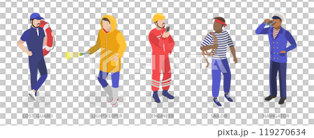 3D Isometric Flat  Set of Maritime Professions, Seacrew Characters 119270634