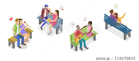 3D Isometric Flat  Set of Romantic Couples, Lovers Talking on a Bench 119270635
