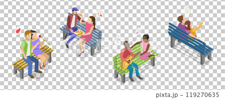 3D Isometric Flat  Set of Romantic Couples, Lovers Talking on a Bench 119270635
