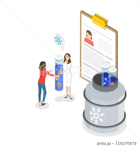 3D Isometric Flat  Illustration of Egg Cell Cryopreservation. Item 1 3D Isometric Flat  Illustration of Egg Cell Cryopreservation. Item 1 119270878