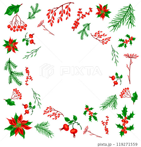 Background with winter plants. Merry Christmas and Happy New Year decoration. 119271559