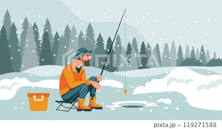 Man on winter fishing. Fisherman with a fishing rod on the background of a winter landscape. Hobby concept. Illustration 119271588