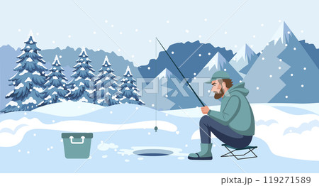 Man on winter fishing. Fisherman with a fishing rod on the background of a winter landscape. Hobby concept. Illustration 119271589
