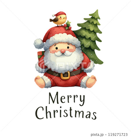 Merry Christmas watercolor card with cute Santa Claus. 119271723