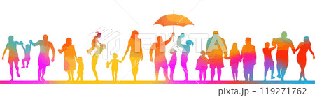 Family colored parents and kids outdoor activities in park silhouettes . People seniors adults teens kids having fun playing together outside silhouette. hand drawn. Not AI, Vector illustration 119271762