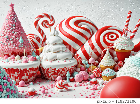 A beautiful, dreamy candy land with red and and white sweets, lollipops, cream cupcakes and candy balls. Miniature candies, sprinkles and a pink sugar Christmas tree. Artistic food illustration A beautiful, dreamy candy land with red and and white sweets, lollipops, cream cupcakes and candy balls. Miniature candies, sprinkles and a pink sugar Christmas tree. Artistic food illustration 119272106