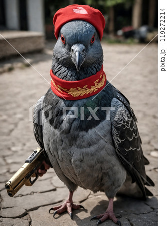 Funny pigeon gangster holds a hand gun in its wing, wearing red scarf and shawl on head. Creative street art. Animal fashion. Abstract photography 119272214