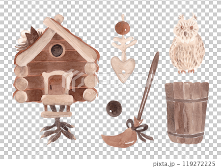 Magical items. Witchcraft and esotericism. Witch entourage set. Watercolor isolated illustrations for Halloween 119272225