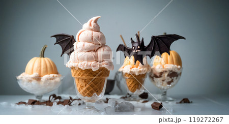 Curly Italian ice cream in a wafer with vanilla and fruit flavors on a Halloween background with a pumpkin and a bat 119272267