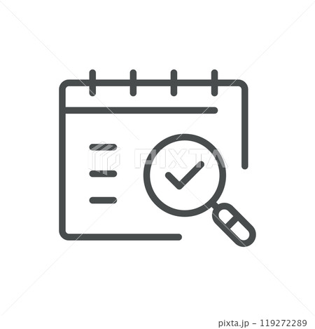 Calendar Icon with Magnifying Glass and Checkmark for Task Verification, Data Searching Event Review, and Schedule Tracking. Editable Line Vector. 119272289