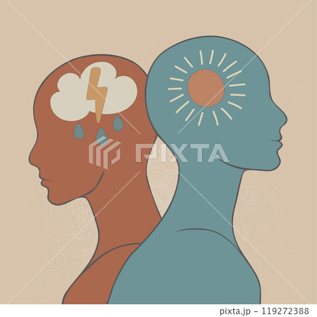 2 Head silhouette. Metaphor bipolar disorder mind mental. Double face with the symbol of a cloud rain with lightning and the sun.Mood disorder Psychology.Mental health.Split personality 2 Head silhouette. Metaphor bipolar disorder mind mental. Double face with the symbol of a cloud rain with lightning and the sun.Mood disorder Psychology.Mental health.Split personality 119272388