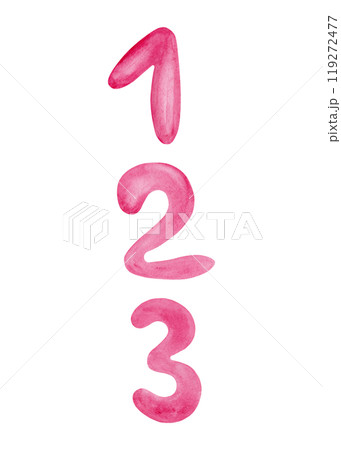Modern numbers 1, 2, 3. Watercolor isolated elements. Pink tones. Great design for any purpose Modern numbers 1, 2, 3. Watercolor isolated elements. Pink tones. Great design for any purpose 119272477