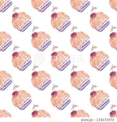 Layer cakes. Easter or Christmas cake with cherry. Watercolor illustration. Background design. Seamless holiday pattern for your design Layer cakes. Easter or Christmas cake with cherry. Watercolor illustration. Background design. Seamless holiday pattern for your design 119272478