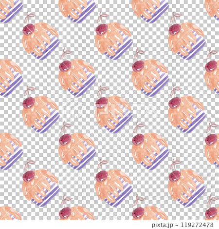 Layer cakes. Easter or Christmas cake with cherry. Watercolor illustration. Background design. Seamless holiday pattern for your design Layer cakes. Easter or Christmas cake with cherry. Watercolor illustration. Background design. Seamless holiday pattern for your design 119272478