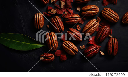 Dry organic Pecan Nuts top view on dark background. Healthy nuts. Generative AI 119272609