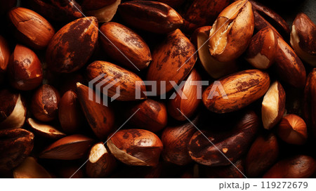 Many delicious Brazil nuts as background, top view. Generative AI 119272679